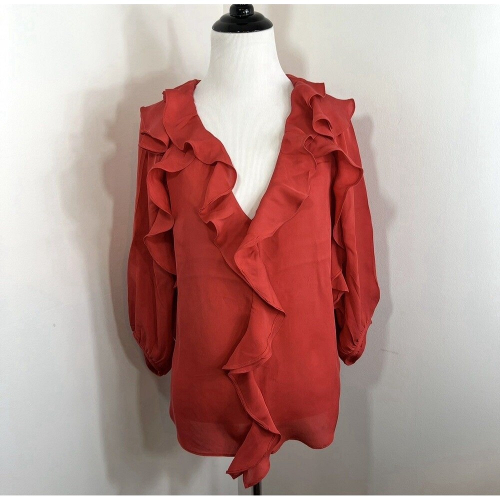 TIBI Size 8 Red Orange 3/4 Sleeve Silk Blouse Flounce Ruffles Romantic Poet Boho